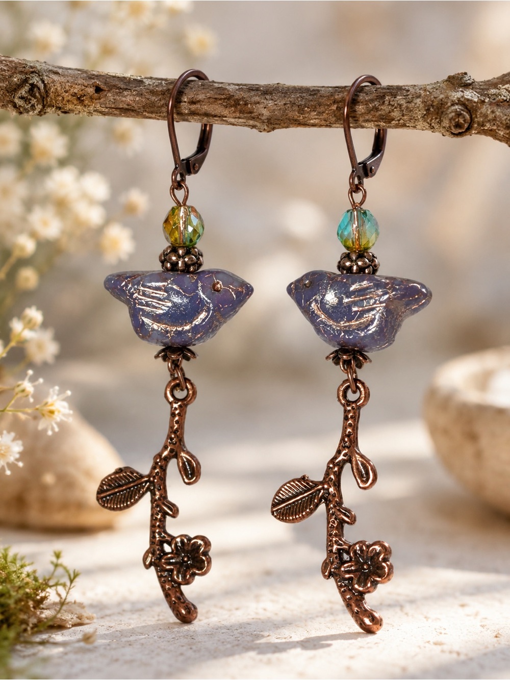 Woodland Bird Earrings Czech Glass Lavender Birds Antique Copper Dangles